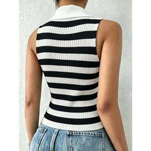 Pull Polo Slim Fit Blanc pour Femme, Haut Côtelé Rayé - Product Image 6