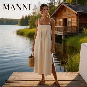 Robe en lin bohème méditerranéenne à fines bretelles, froncée sur le côté, fluide, élégante, pour les vacances à la plage, style boutique pour femme - Product Image 3