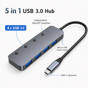 Hub <span class=keywords><strong>USB</strong></span> 5 en 1, <span class=keywords><strong>adaptateur</strong></span> <span class=keywords><strong>USB</strong></span> 3.0 de type A à 4 ports avec interrupteurs d'alimentation individuels, séparateur multiport en aluminium pour PC portable - Product Image 3