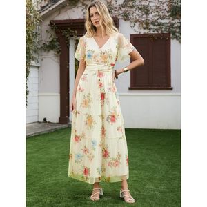 Vestido largo floral de verano para mujer, cuello en V, manga corta, línea A, cintura imperio, tul, para playa, vacaciones, fiesta - Product Image 3