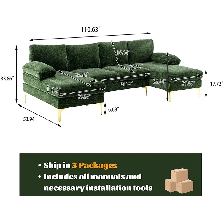 Sofa bentuk U, kualitas tinggi modis elegan suasana lembut minimalis villa 5 tempat duduk hijau beludru emas logam