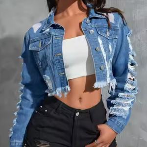 Chaquetas de Verano Personalizadas OEM para Mujer, Chaquetas de Estilo Hip-Hop Urbano, Chaqueta Corta de Mezclilla para Mujer con Lavado Ácido y Efecto Desgastado - Product Image 2