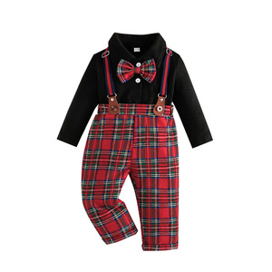 <span class=keywords><strong>Set</strong></span> di Abbigliamento Primaverile e Autunnale per Neonati: Body a Maniche Lunghe con Fiocco + Salopette a Quadri, Completo Elegante per Bambini - Product Image 1