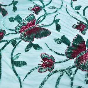 Luxus Schmetterling Design 100% Polyester Mesh Perlen Spitze Pailletten Stickerei Stoff für Frauen Kleid