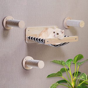 Hamaca de Pared para Gatos de Madera, Nido de Lona a Rayas de 1 Nivel, Cama Interior para Gatos, Estructura para Trepar, Color Madera Natural - Product Image 3