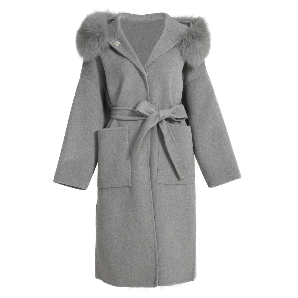 Модное шерстяное пальто на заказ, Женское зимнее пальто с меховым воротником, оптовая продажа, длинное кашемировое пальто с капюшоном для девушек