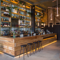 Aménagement intérieur professionnel de bar avec comptoir de bar, étagères de présentation et aménagement moderne pour les pubs et les lieux de divertissement