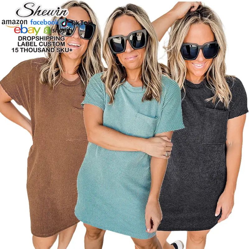 New Design Summer Short Sleeve Striped Ribbed Knit T Shirt Ladies Shift Dresses Women