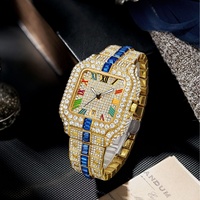 Montre pour homme de luxe en gros, montre à quartz dorée lumineuse avec diamants, montre carrée bling-bling ciel étoilé hip-hop glacée