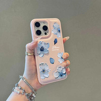 Élégante Coque de Téléphone à Motif Floral Peint à l'Huile Bleue pour iPhone 17 16 15 14 11 12 13 Pro Max Plus 17 Air en Similicuir et TPU
