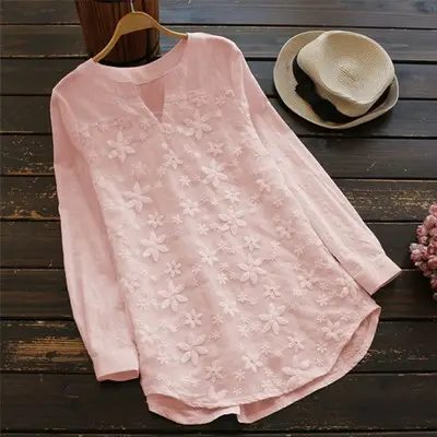 Summer Big Size Women Elegant V Neck Long Sleeve Loose Cotton Linen Top Party Shirt Casual Vintage Embroidery Work Ol Blouse 5Xl