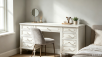 Bureau d'écriture vintage en bois blanc vieilli avec 9 tiroirs, pieds sculptés, style campagne française, écologique et durable, pour bureau à domicile ou console d'étude