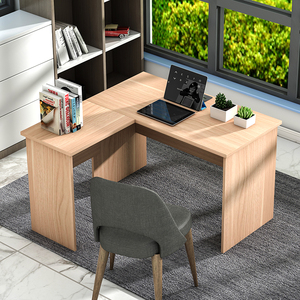 Escritorio de oficina en casa moderno y duradero en forma de L <span class=keywords><strong>con</strong></span> función extensible, mesa de estudio que ahorra espacio para el trabajo y el panel de estudio, estilo de madera - Product Image 3