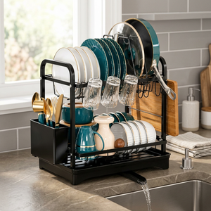 Étagère à vaisselle moderne à double niveau en métal avec porte-couverts et crochets pour tasses pour le rangement de la cuisine - Product Image 3