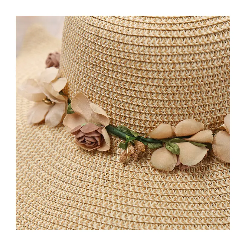 FayeIn topi anyaman matahari wanita, tutup kepala klasik gaya koboi pantai Lanyard angin UPF 50 + karangan bunga musim panas