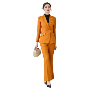 Women's Suit Set Polyester Worsted Full Sleeve Anti-Wrinkle Office Lady Autumn Red Orange Color Option - Product Image 5