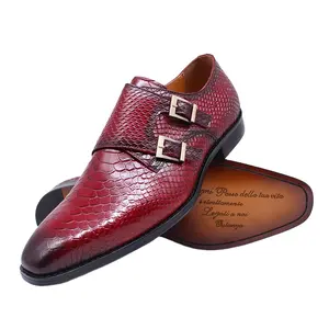 New Arrival Snake Grain Leather Shoes Black Pink Double Monk Strap Pointed Toe Men's Dress Shoes