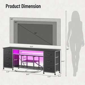 Mueble para TV con Estantes Abiertos para Dormitorio, Soporte para TV Negro, Centro de Entretenimiento, Tomas de Corriente, Cajones de Tela, Cómoda - Product Image 2