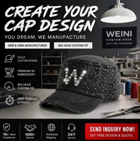 Cappello Cadet di Lusso Etnico a 5 Pannelli in Denim Vintage con Logo Personalizzato in Strass, Berretto Piatto Unisex alla Moda Casual