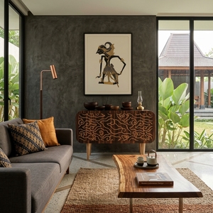 Buffet en bois massif de style moderne du milieu du siècle avec incrustation Batik Mega Mendung - Product Image 4