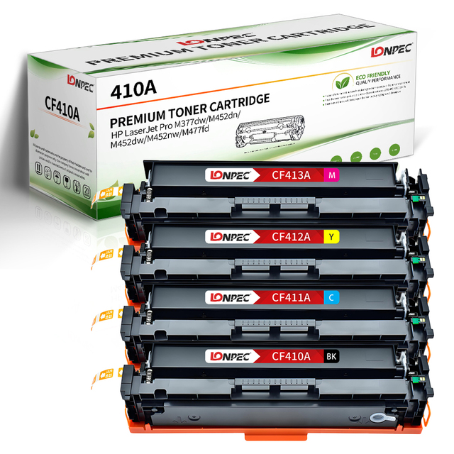 Lonpec Compatible 410A Color Toner Cartridge CF410A Bk/CF411A C CF412A Y CF413A M HP PRO M452/477fdn 2300 Pages Yield 24-Month