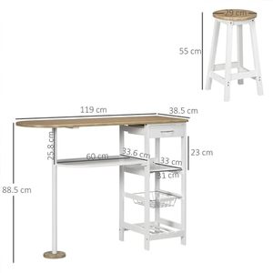 Ensemble table Peninsula avec 2 tabourets en chêne blanc 119x38,5x88,5 cm, comptoir de cuisine avec étagères de rangement et panier - Product Image 2