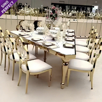 Ensemble de table à manger en acier inoxydable doré de luxe moderne en gros avec plateau en verre, meubles, tables et chaises pour mariage et événements