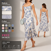 Robe midi décontractée pour femme, personnalisée, d'été, en Spandex et Polyester, à imprimé floral bohème, avec bretelles à nouer, ourlet à volants, sans manches, coupe ajustée
