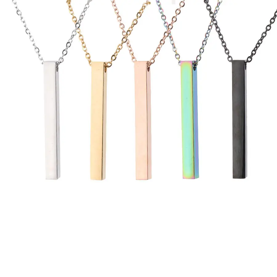 Customized Engraved Logo Name Words Stainless Steel Bar Necklace High Polished Vertical Rectangle Pendant Necklace