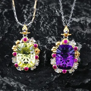 Vintage Jewelry Two-color Pendant Necklaces Luxury Lemon Yellow/Purple Simulation Diamond Necklace For Women