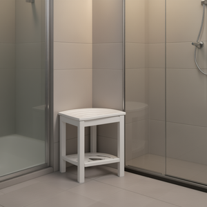 Banc d'angle de douche avec étagère de rangement, en plastique blanc, 2 niveaux, design minimaliste, autoportant pour salle de bain - Product Image 2