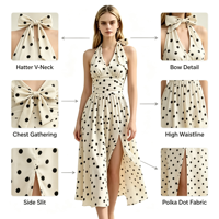 Robe rétro à pois avec nœud halter, col en V, taille froncée, fente latérale, longueur midi, idéale pour les fêtes estivales