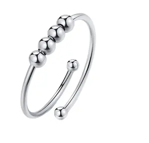 Tik Tok Solid Spinner Ring Silver Gold Plated Adjustable Finger Anti Anxiety Ring With Beads For Women