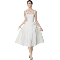 Elegante Vestido Midi Sin Mangas con Cuello Cuadrado y Decoración de Pedrería para Mujer, Color Blanco, Estilo Hepburn, para Primavera y Otoño