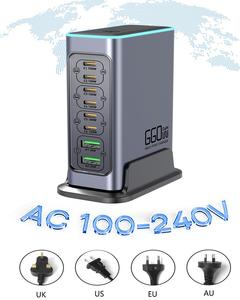 Universal LED 660W GaN Cargador USB QC3.0 Pared de viaje PD Tipo C <span class=keywords><strong>8</strong></span> puertos Cargador súper rápido con <span class=keywords><strong>base</strong></span> para <span class=keywords><strong>iPhone</strong></span> iPad - Product Image 5