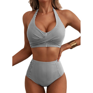 Nouveau Maillot de Bain Deux Pièces Femme 2026 à Taille Haute, Col Halter et Sac de Rangement Intégré, Motif Rayé - Product Image 4