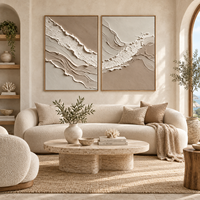 Décoration murale diptyque abstraite en relief 3D, tons terre, style Wabi Sabi neutre, pour hôtel, villa, salon