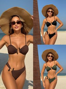Women's <b>Sexy</b> Cut Out <b>Bikini</b> <b>Set</b> Solid Color Two-Piece Swimwear with Adjustable Straps and Beaded Details - Product Image 6