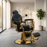 Fauteuil de Barbier Moderne en Cuir avec Cadre Doré, Siège Inclinable pour Salon, Hauteur Réglable, Pompe Hydraulique, Base Ronde, Repose-Pieds