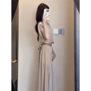 Conjunto de Dos Piezas para Mujer, Top Sin Mangas de Gasa, Pantalones Anchos de Cintura Alta, Color Sólido, Estilo Casual 079 - Product Image 4