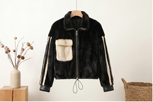 Black &amp; <strong>White</strong> Color Block Mink Fur <strong>Jacket</strong> for Women, Stand Collar Loose Fit <strong>Short</strong> Fur Coat, Casual Luxury Winter Outerwear - Product Image 2