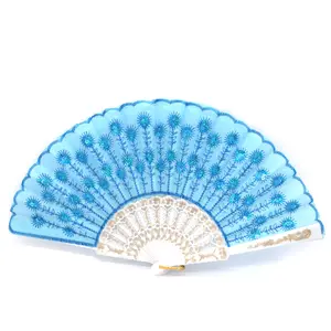 Promotional Business Gift Sequin Fabric Folding Fans Embroidered Trim Plastic Folding Handheld Fan