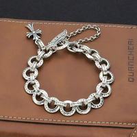 Bracelet chaîne épaisse vintage argenté avec pendentif croix lettre vieillie pour homme, style punk gothique streetwear unique