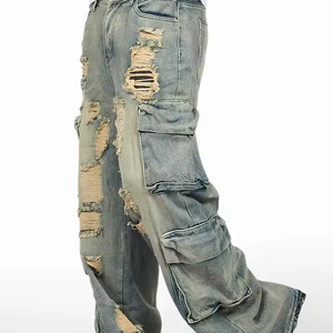 <span class=keywords><strong>Jeans</strong></span> Personalizzati di Alta Qualità in Stile Vintage <span class=keywords><strong>con</strong></span> Patchwork per Uomo, Taglie Grandi, Tasche Ampie, Gamba Larga, Decorazione <span class=keywords><strong>con</strong></span> Strappi - Product Image 1