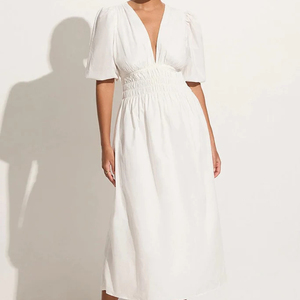 Robes longues maxi en lin 100% rétro, col cœur, manches bouffantes vintage personnalisées, qualité supérieure, décontractées, OEM - Product Image 3