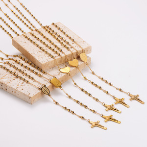 Collier de chapelet Jésus <span class=keywords><strong>en</strong></span> acier inoxydable plaqué <span class=keywords><strong>or</strong></span> 18 carats avec perles rondes <span class=keywords><strong>et</strong></span> perles pour hommes <span class=keywords><strong>et</strong></span> femmes chaîne de chandail - Product Image 2
