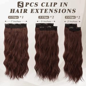 Extensions de cheveux synthétiques bouclés à clipser couleur <span class=keywords><strong>châtain</strong></span>, 5 pièces, 18 pouces de long, épaisses et douces, pour femmes, pour usage quotidien et soirées - Product Image 2