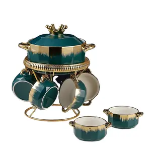 Manufacturer direct selling luxury Phnom Penh soup bowl household dark green large soup plate with lid Spoon Set