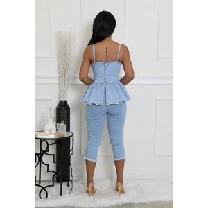 Custom Custom 2026 Denim Breathable Capri Set Women Sleeveless Crop <b>Top</b> and Pants with Ruffles <b>Distressed</b> Streetwear - Product Image 2