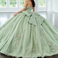 Robes de Quinceañera vert menthe à épaules dénudées avec fleurs 3D, dentelle appliquée, nœud perlé, robes de bal pour filles, robes de soirée